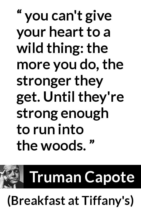 Truman Capote quote about heartbreak from Breakfast at Tiffany's - you can't give your heart to a wild thing: the more you do, the stronger they get. Until they're strong enough to run into the woods.