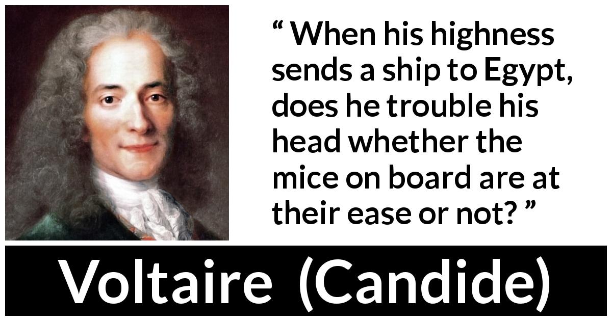 Voltaire quote about care from Candide - When his highness sends a ship to Egypt, does he trouble his head whether the mice on board are at their ease or not?
