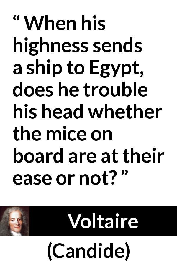 Voltaire quote about care from Candide - When his highness sends a ship to Egypt, does he trouble his head whether the mice on board are at their ease or not?