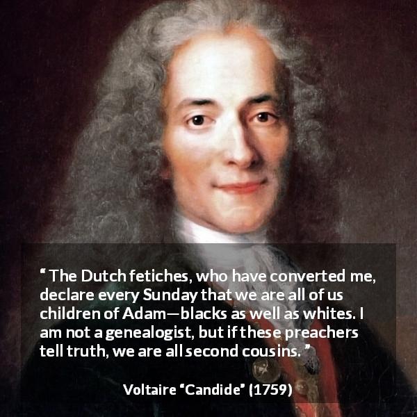 Voltaire quote about family from Candide - The Dutch fetiches, who have converted me, declare every Sunday that we are all of us children of Adam—blacks as well as whites. I am not a genealogist, but if these preachers tell truth, we are all second cousins.