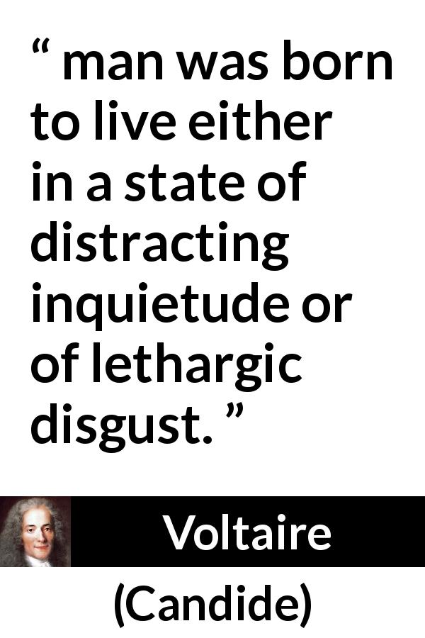 Voltaire quote about life from Candide - man was born to live either in a state of distracting inquietude or of lethargic disgust.