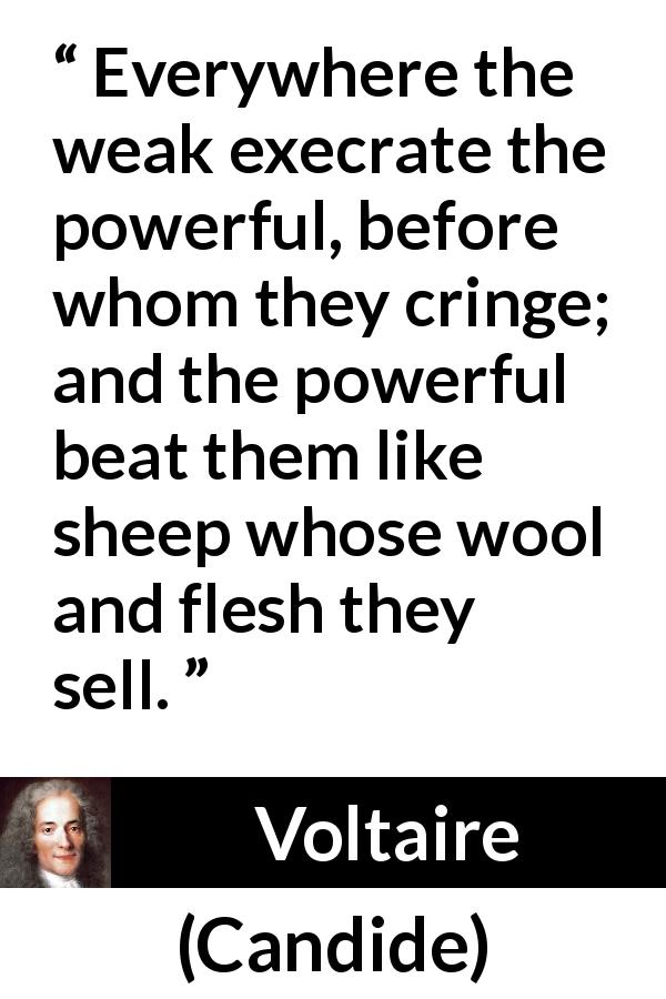 Voltaire quote about weakness from Candide - Everywhere the weak execrate the powerful, before whom they cringe; and the powerful beat them like sheep whose wool and flesh they sell.