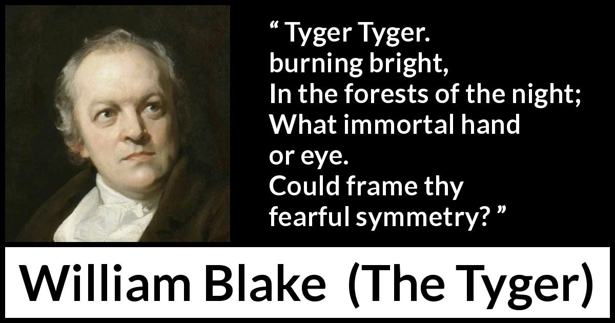 William Blake quote about fear from The Tyger - Tyger Tyger. burning bright,
In the forests of the night;
What immortal hand or eye.
Could frame thy fearful symmetry?