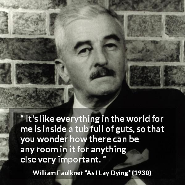 William Faulkner quote about world from As I Lay Dying - It's like everything in the world for me is inside a tub full of guts, so that you wonder how there can be any room in it for anything else very important.