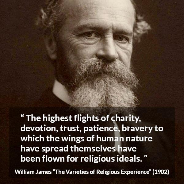 William James quote about human nature from The Varieties of Religious Experience - The highest flights of charity, devotion, trust, patience, bravery to which the wings of human nature have spread themselves have been flown for religious ideals.