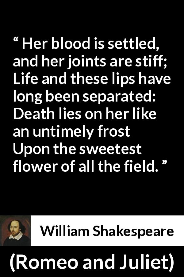 William Shakespeare quote about death from Romeo and Juliet - Her blood is settled, and her joints are stiff;
Life and these lips have long been separated:
Death lies on her like an untimely frost
Upon the sweetest flower of all the field.