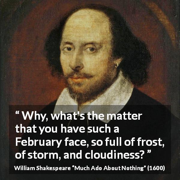 William Shakespeare quote about face from Much Ado About Nothing - Why, what's the matter that you have such a February face, so full of frost, of storm, and cloudiness?