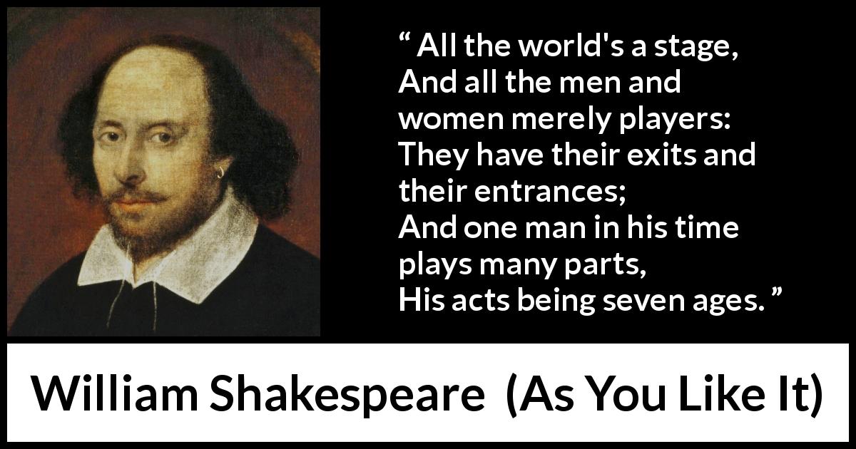 William Shakespeare quote about life from As You Like It - All the world's a stage,
And all the men and women merely players:
They have their exits and their entrances;
And one man in his time plays many parts,
His acts being seven ages.