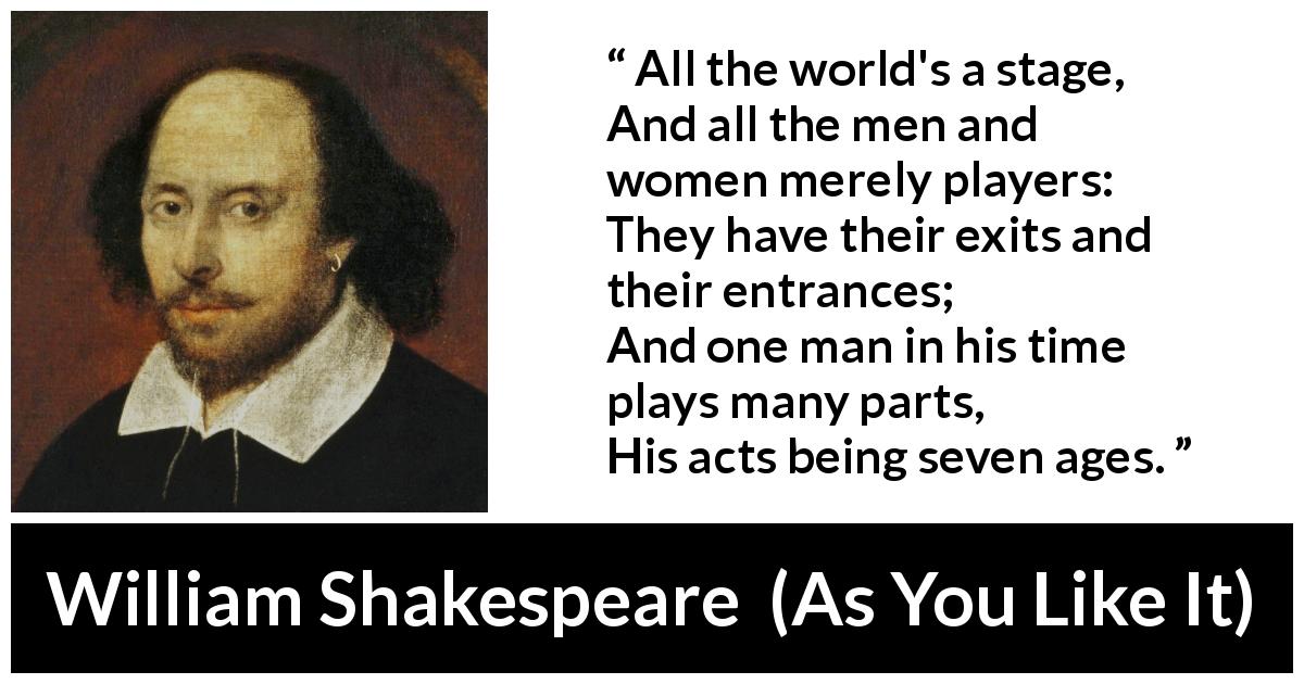 All the world's a stage And all the men and women merely players; They have  their exits and their entrances; And one man in his time plays many parts,  His acts being