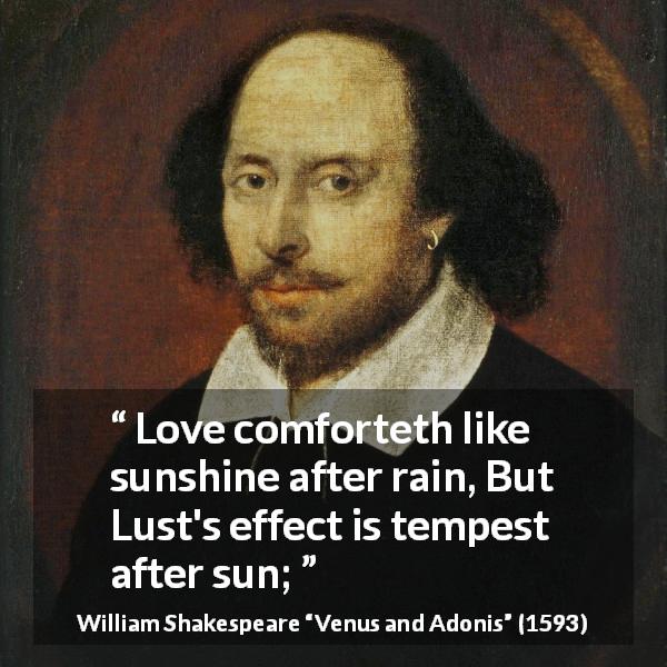 William Shakespeare quote about love from Venus and Adonis - Love comforteth like sunshine after rain, But Lust's effect is tempest after sun;