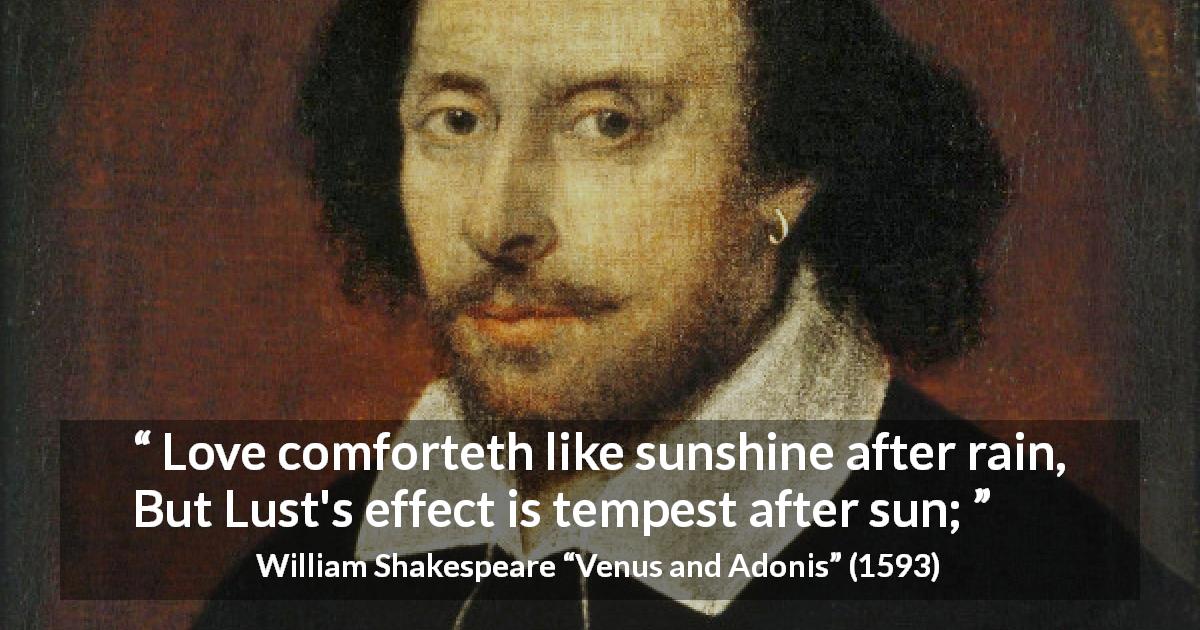 William Shakespeare quote about love from Venus and Adonis - Love comforteth like sunshine after rain, But Lust's effect is tempest after sun;