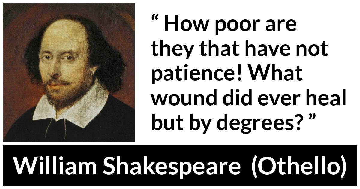 William Shakespeare quote about patience from Othello - How poor are they that have not patience! What wound did ever heal but by degrees?