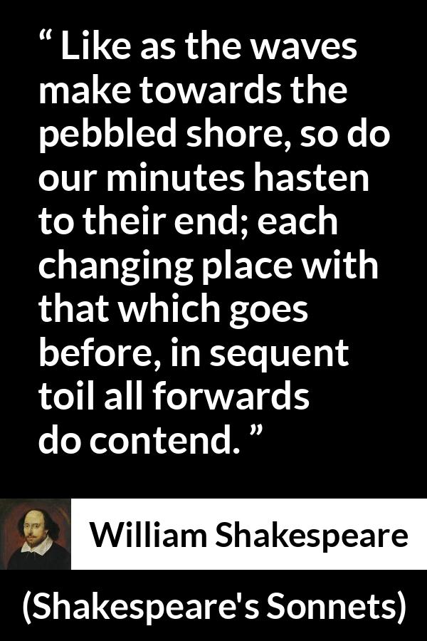 William Shakespeare quote about time from Shakespeare's Sonnets - Like as the waves make towards the pebbled shore, so do our minutes hasten to their end; each changing place with that which goes before, in sequent toil all forwards do contend.