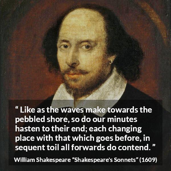 William Shakespeare quote about time from Shakespeare's Sonnets - Like as the waves make towards the pebbled shore, so do our minutes hasten to their end; each changing place with that which goes before, in sequent toil all forwards do contend.