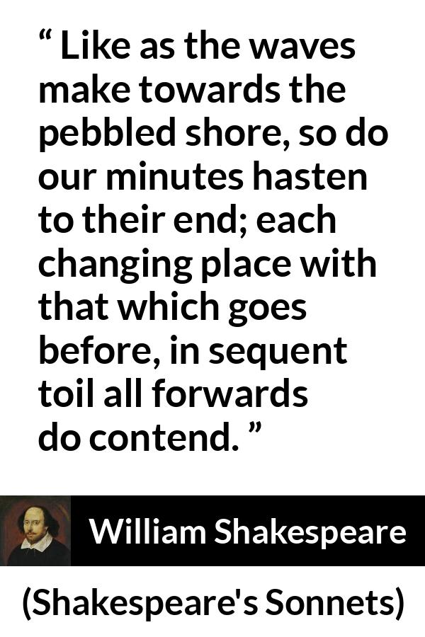 William Shakespeare quote about time from Shakespeare's Sonnets - Like as the waves make towards the pebbled shore, so do our minutes hasten to their end; each changing place with that which goes before, in sequent toil all forwards do contend.