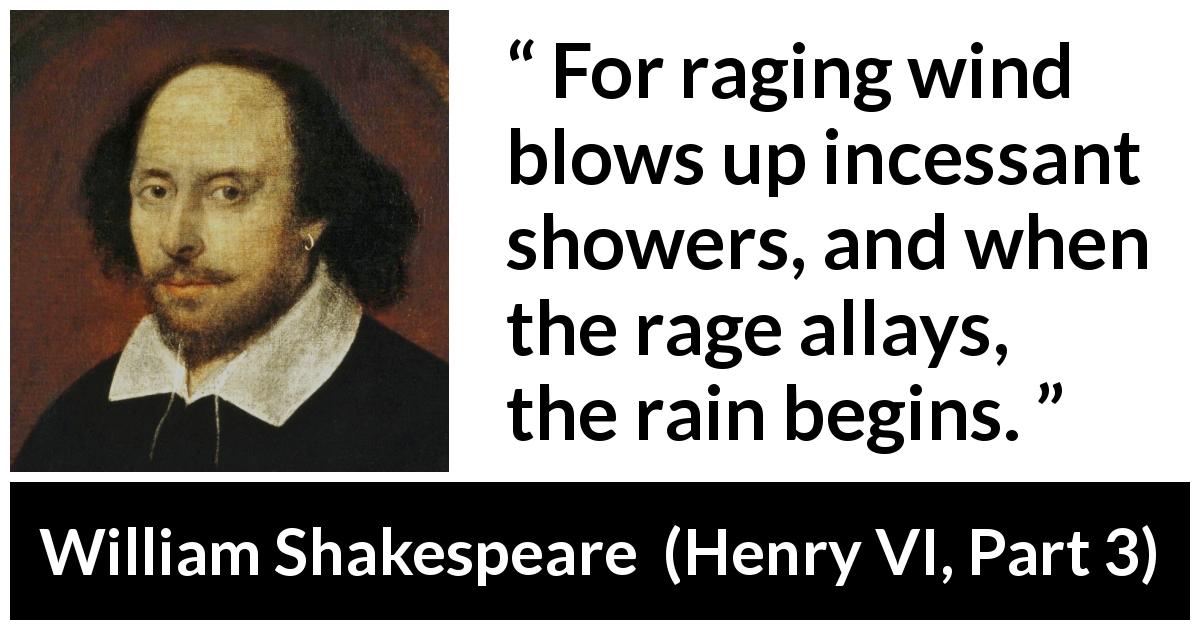 William Shakespeare quote about wind from Henry VI, Part 3 - For raging wind blows up incessant showers, and when the rage allays, the rain begins. 