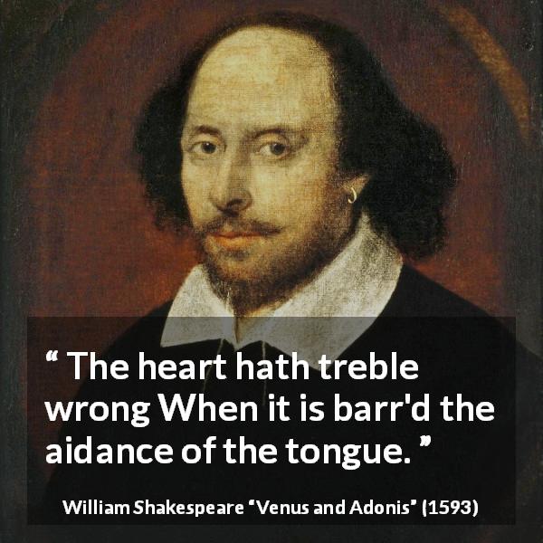 William Shakespeare quote about words from Venus and Adonis - The heart hath treble wrong When it is barr'd the aidance of the tongue.
