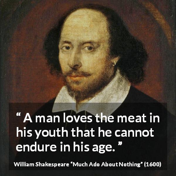William Shakespeare quote about youth from Much Ado About Nothing - A man loves the meat in his youth that he cannot endure in his age.