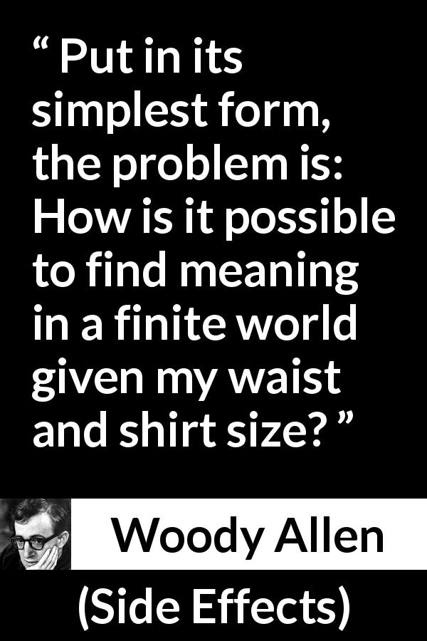 Woody Allen quote about meaning from Side Effects - Put in its simplest form, the problem is: How is it possible to find meaning in a finite world given my waist and shirt size?