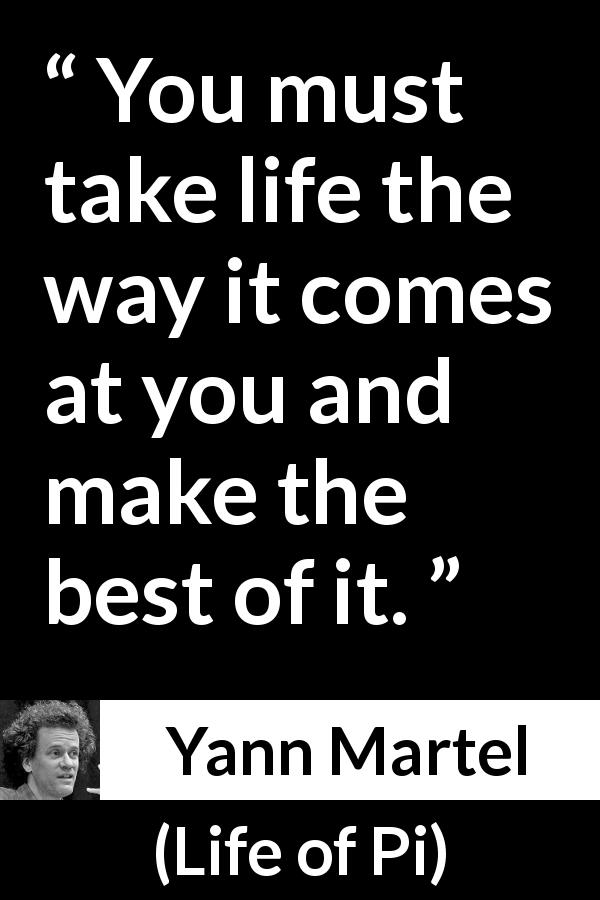 Yann Martel quote about life from Life of Pi - You must take life the way it comes at you and make the best of it.